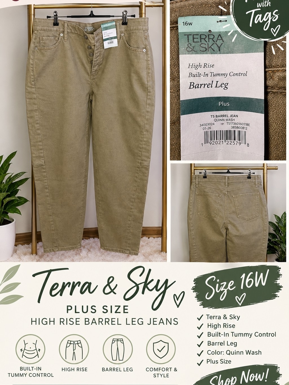 Terra & Sky Plus Size High-Rise Barrel Leg Jeans - Quinn Wash (16W)
